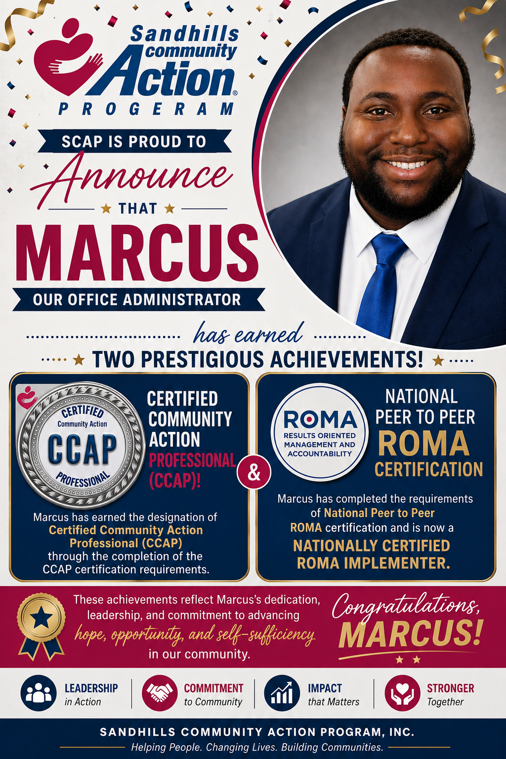SCAP congratulates Marcus on earning CCAP and Nationally Certified ROMA Implementer credentials